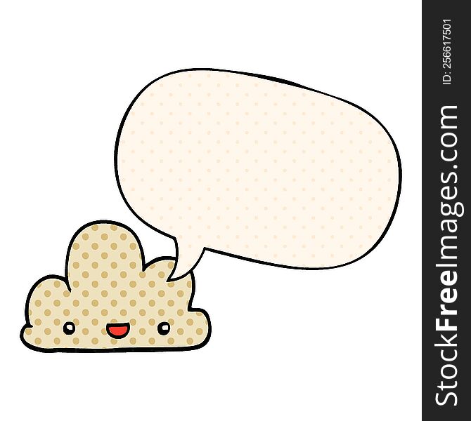 cartoon tiny happy cloud with speech bubble in comic book style