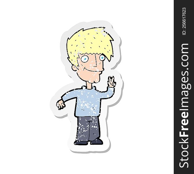 retro distressed sticker of a cartoon man giving peace sign