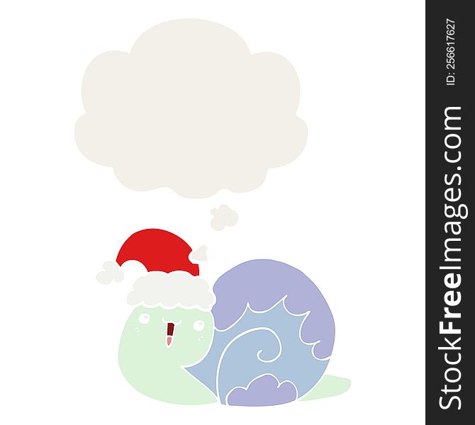 Cute Cartoon Christmas Snail And Thought Bubble In Retro Style
