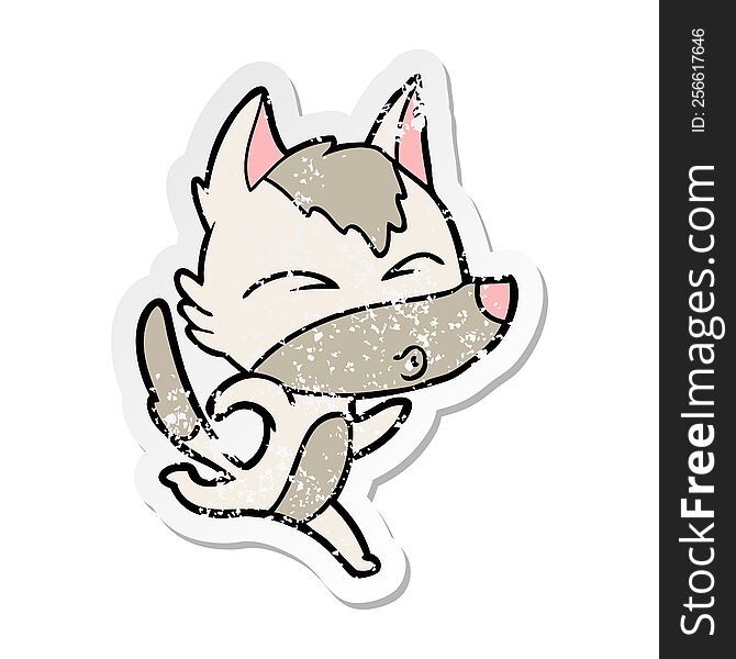 Distressed Sticker Of A Cartoon Wolf Running