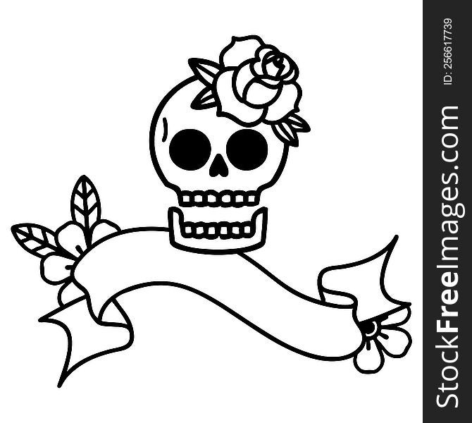 Black Linework Tattoo With Banner Of A Skull And Rose