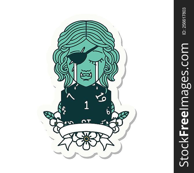 sticker of a crying orc rogue character with natural one roll. sticker of a crying orc rogue character with natural one roll