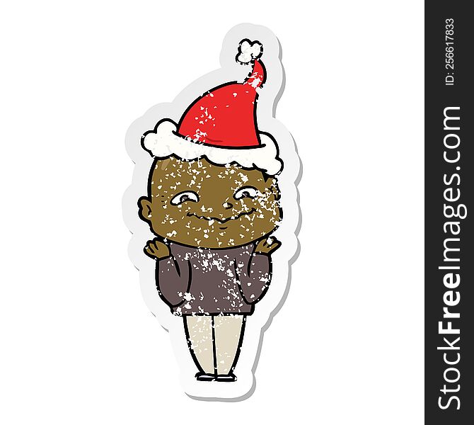 distressed sticker cartoon of a creepy guy wearing santa hat