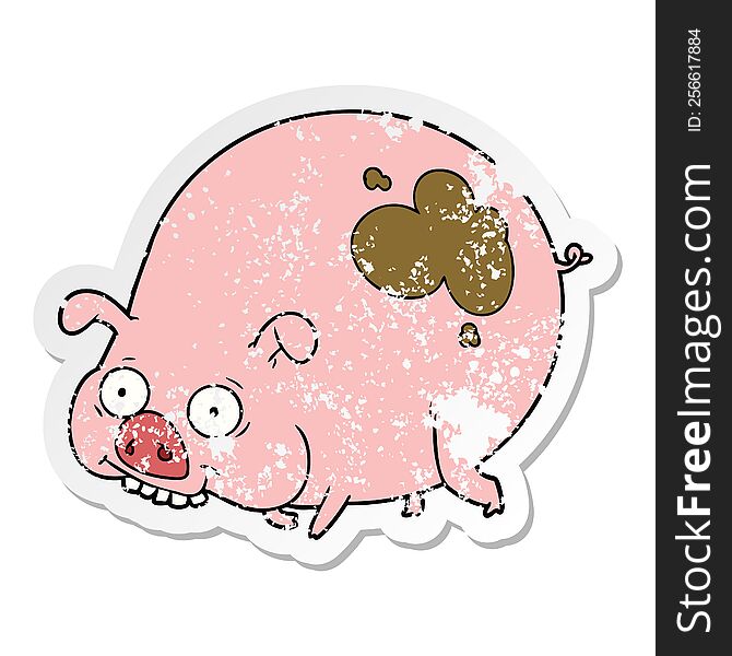 distressed sticker of a cartoon muddy pig