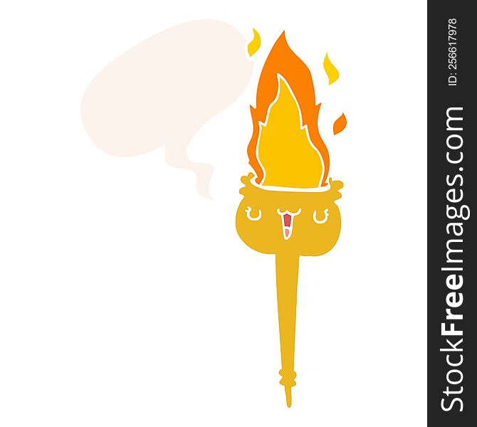 cartoon flaming torch with speech bubble in retro style
