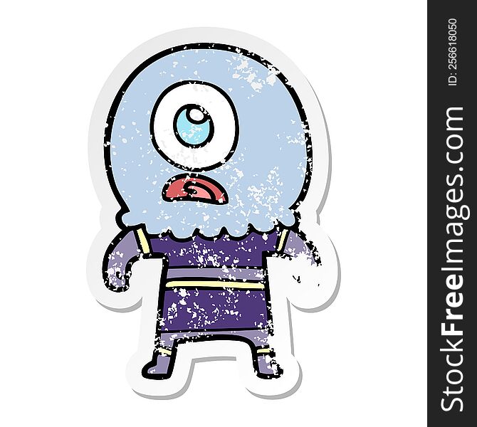 Distressed Sticker Of A Cartoon Cyclops Alien Spaceman