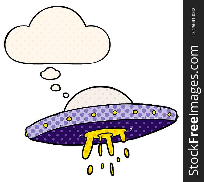 cartoon flying UFO with thought bubble in comic book style