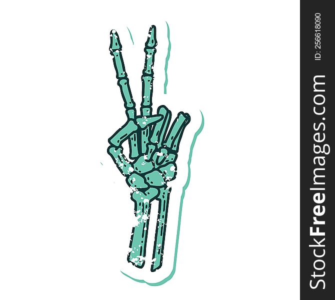 distressed sticker tattoo style icon of a skeleton hand giving a peace sign