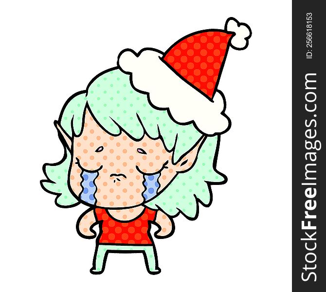 hand drawn comic book style illustration of a crying elf girl wearing santa hat