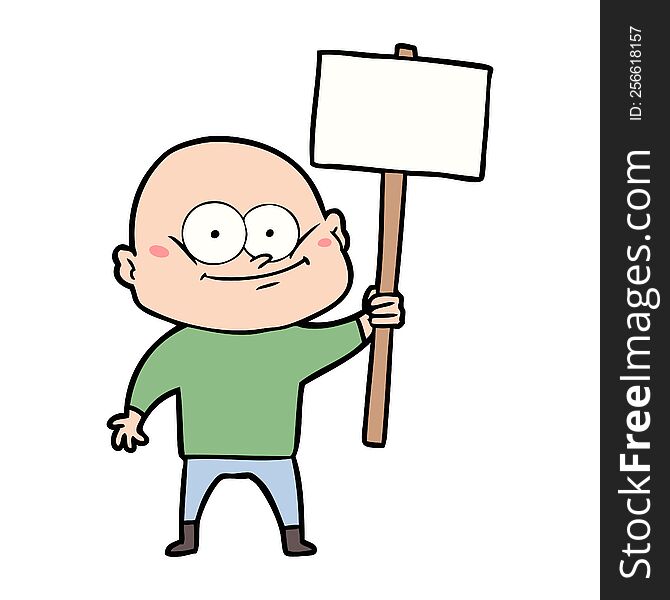 cartoon bald man staring with sign. cartoon bald man staring with sign