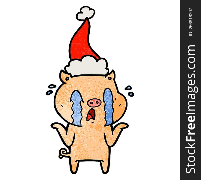 Crying Pig Textured Cartoon Of A Wearing Santa Hat