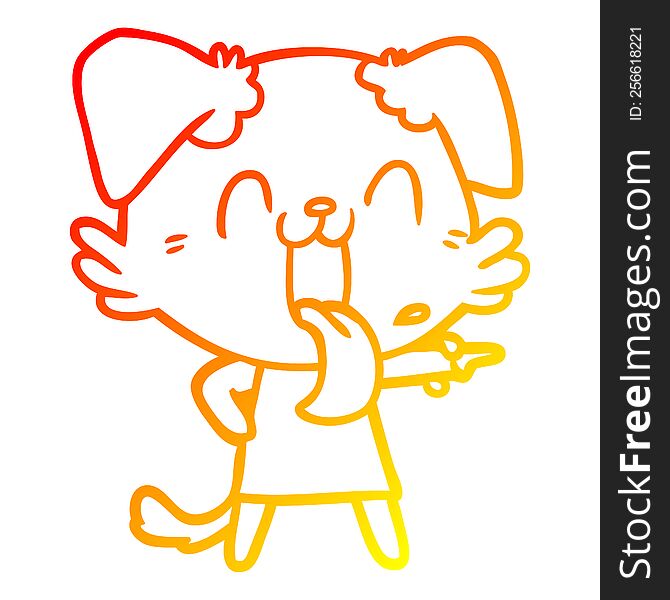 warm gradient line drawing of a cartoon panting dog in dress