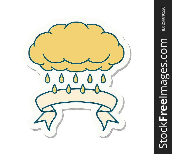 tattoo style sticker with banner of a cloud raining