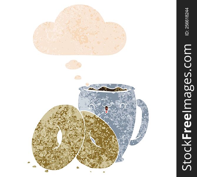 cartoon coffee and donuts with thought bubble in grunge distressed retro textured style. cartoon coffee and donuts with thought bubble in grunge distressed retro textured style