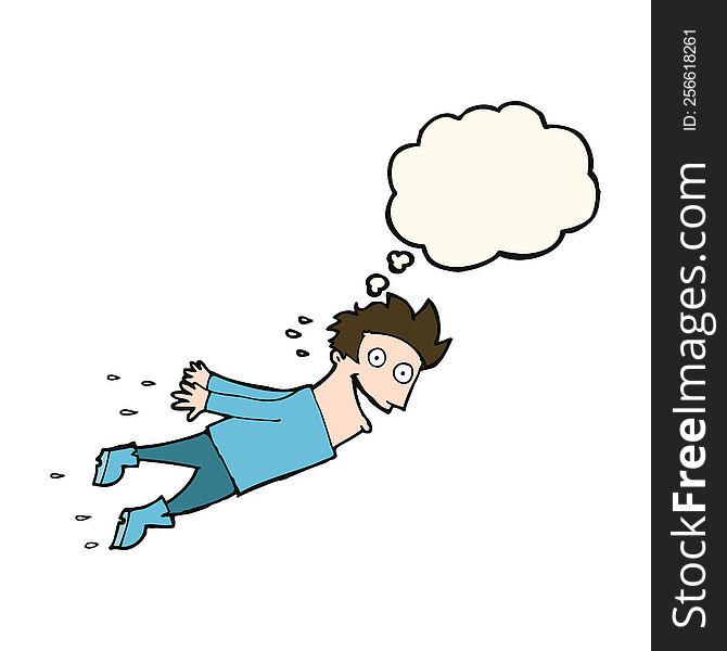 cartoon drenched man flying with thought bubble