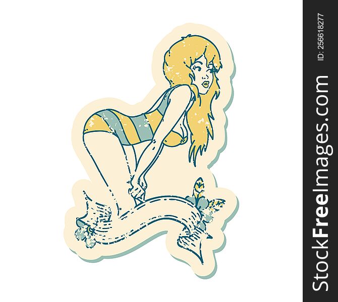 iconic distressed sticker tattoo style image of a pinup girl in swimming costume with banner. iconic distressed sticker tattoo style image of a pinup girl in swimming costume with banner