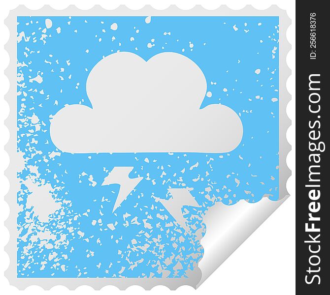 distressed square peeling sticker symbol of a thunder cloud