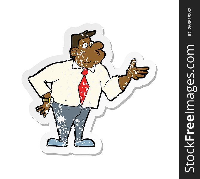 Retro Distressed Sticker Of A Cartoon Businessman Asking Question