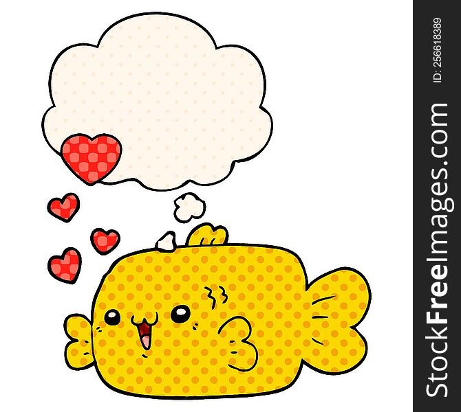 Cute Cartoon Fish With Love Hearts And Thought Bubble In Comic Book Style