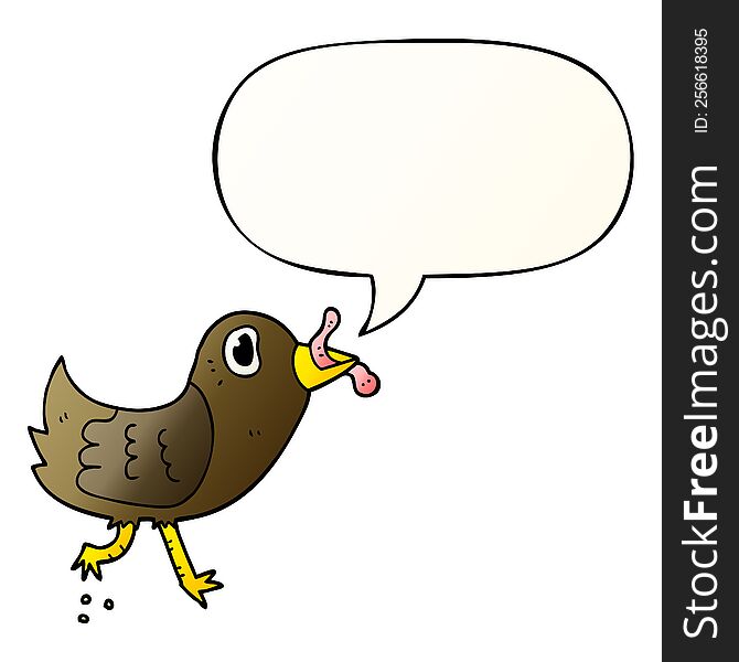 cartoon bird with worm with speech bubble in smooth gradient style. cartoon bird with worm with speech bubble in smooth gradient style