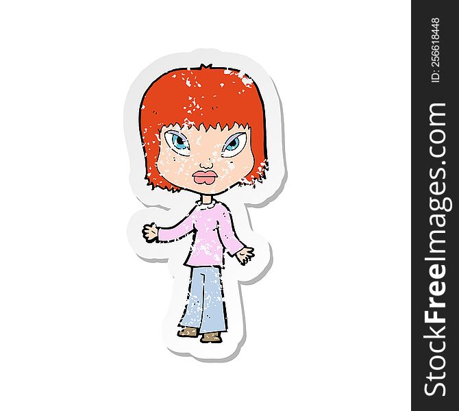 Retro Distressed Sticker Of A Cartoon Woman With Open Arms