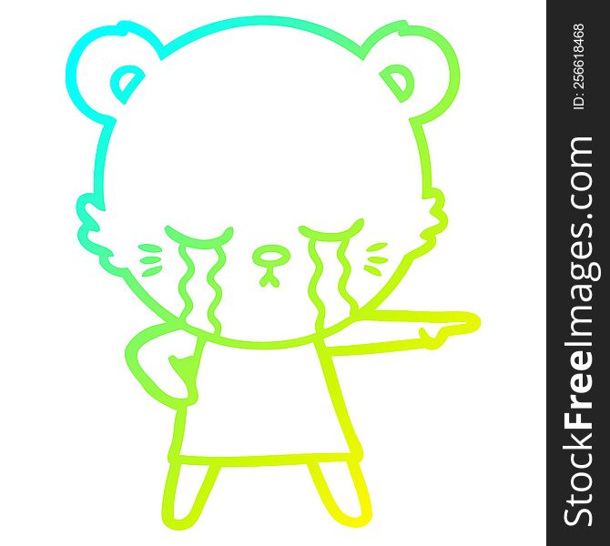 Cold Gradient Line Drawing Crying Cartoon Bear In Dress Pointing