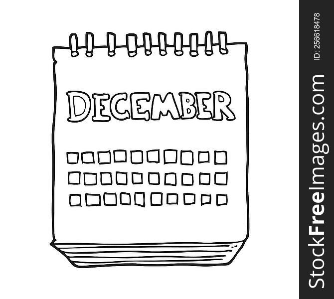 freehand drawn black and white cartoon calendar showing month of December