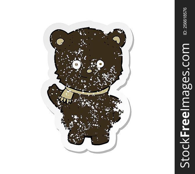 Retro Distressed Sticker Of A Cute Cartoon Black Bear Waving