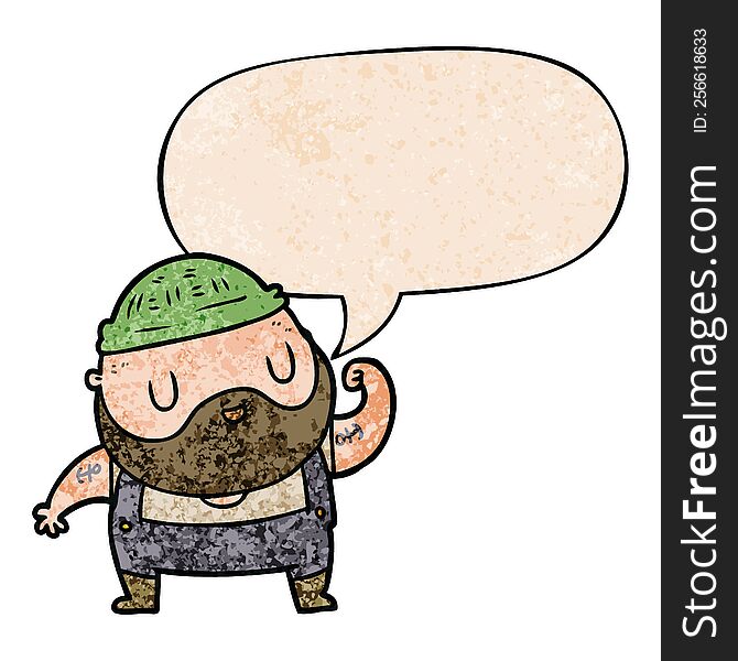 cartoon tough fisherman with speech bubble in retro texture style