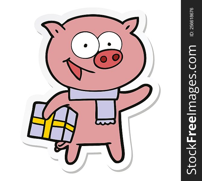 sticker of a cheerful pig with christmas gift