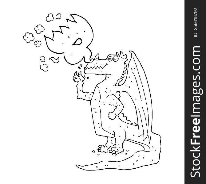 Black And White Cartoon Happy Dragon Breathing Fire