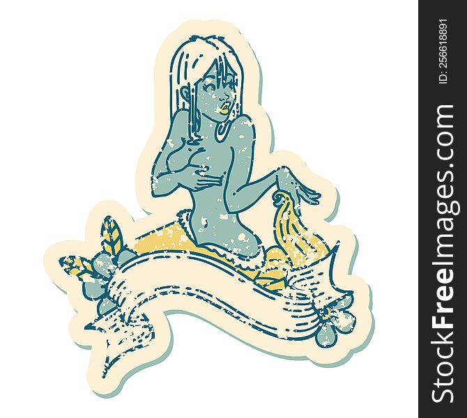 distressed sticker tattoo style icon of a pinup mermaid with banner
