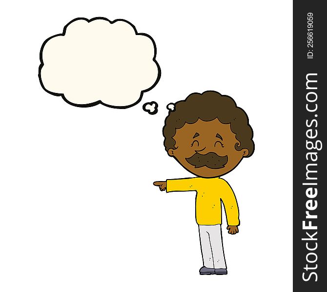 Cartoon Man With Mustache Pointing With Thought Bubble