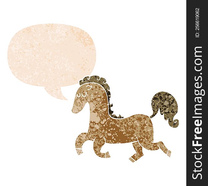 Cartoon Horse Running And Speech Bubble In Retro Textured Style