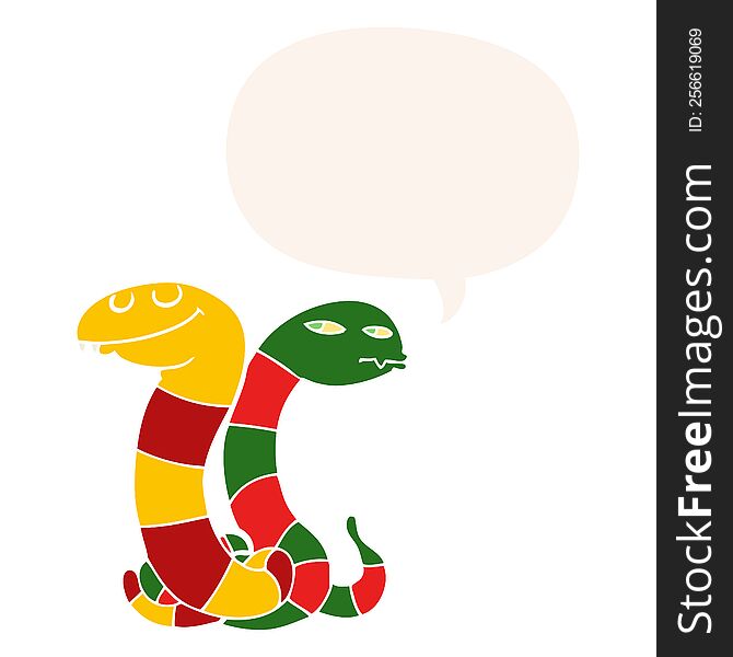 cartoon snakes with speech bubble in retro style