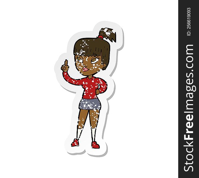 Retro Distressed Sticker Of A Cartoon Attractive Girl With Idea