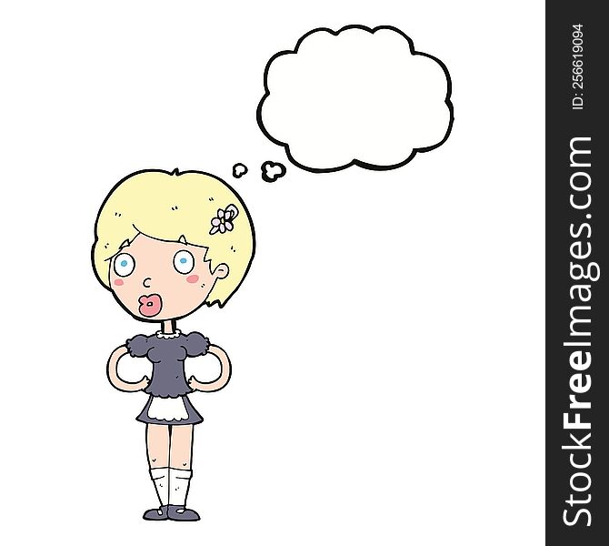 cartoon woman in french maid outfit with thought bubble