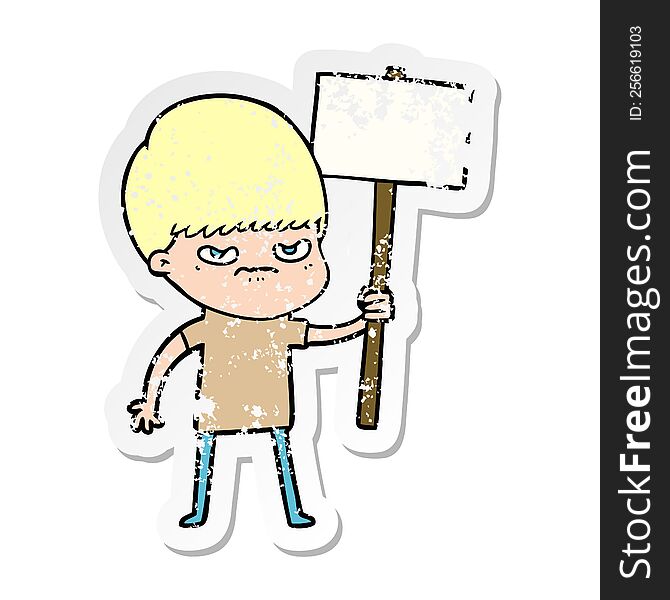 distressed sticker of a angry cartoon boy protesting