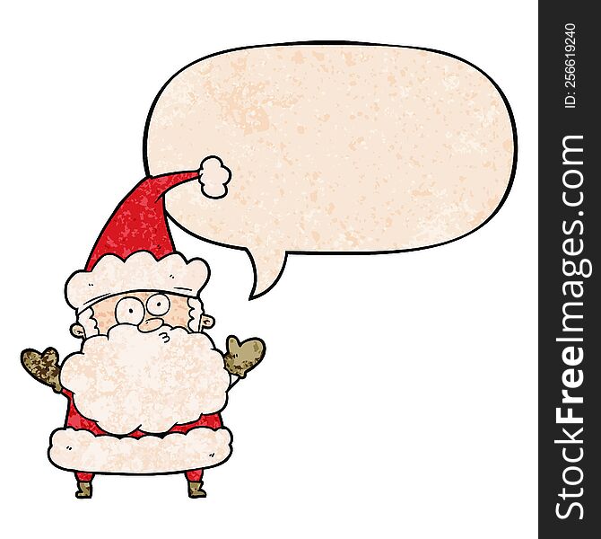 cartoon confused santa claus shurgging shoulders with speech bubble in retro texture style