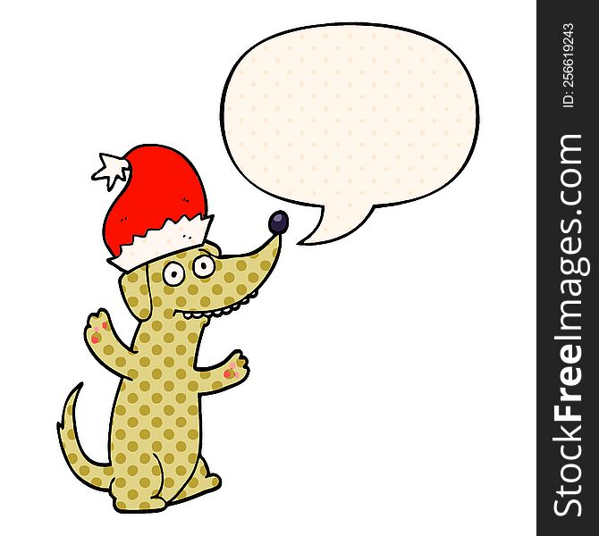 cute christmas cartoon dog and speech bubble in comic book style