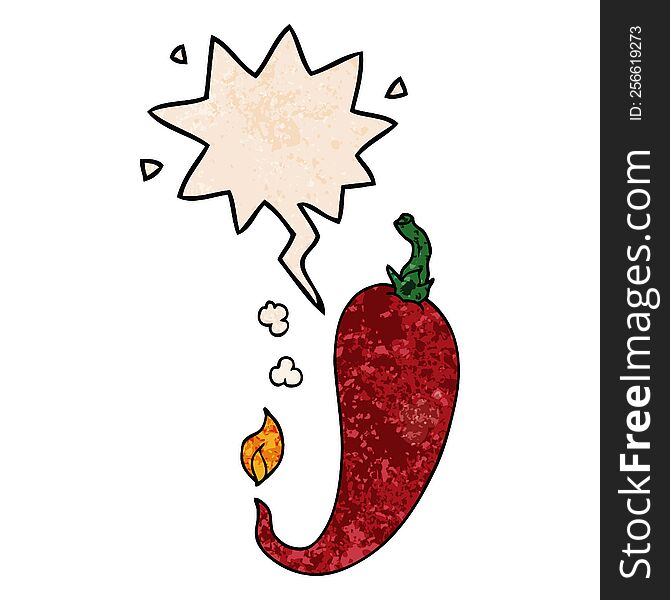 cartoon chili pepper with speech bubble in retro texture style