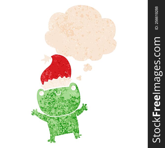 Cute Cartoon Frog Wearing Christmas Hat And Thought Bubble In Retro Textured Style