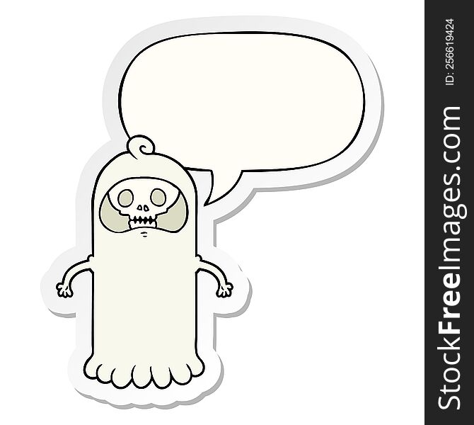 cartoon spooky skull ghost with speech bubble sticker