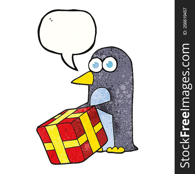 freehand speech bubble textured cartoon penguin with christmas present