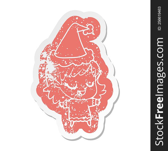 Happy Cartoon Distressed Sticker Of A Elf Girl Wearing Santa Hat