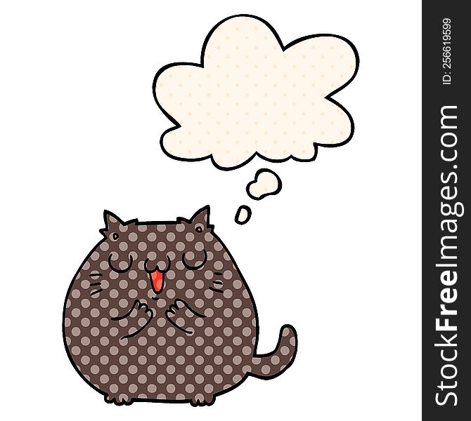 happy cartoon cat with thought bubble in comic book style