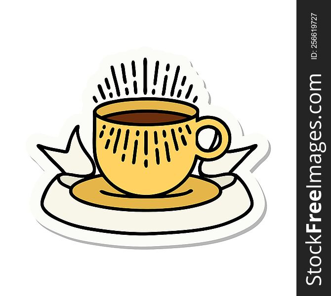 Tattoo Sticker With Banner Of Cup Of Coffee