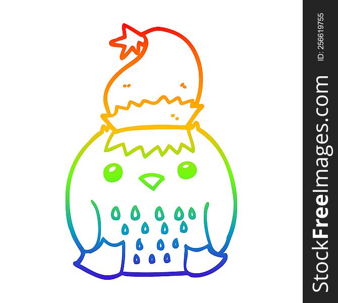 Rainbow Gradient Line Drawing Cute Cartoon Owl Wearing Christmas Hat