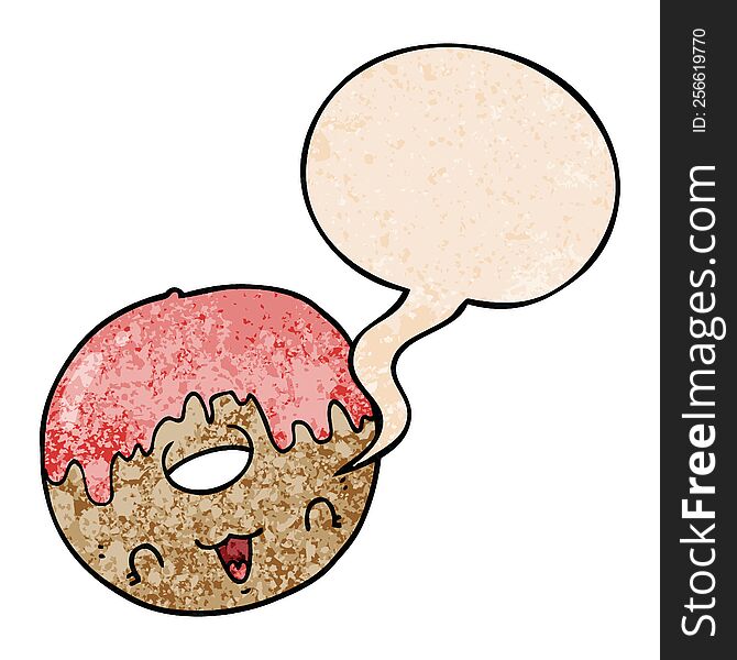 Cute Cartoon Donut And Speech Bubble In Retro Texture Style