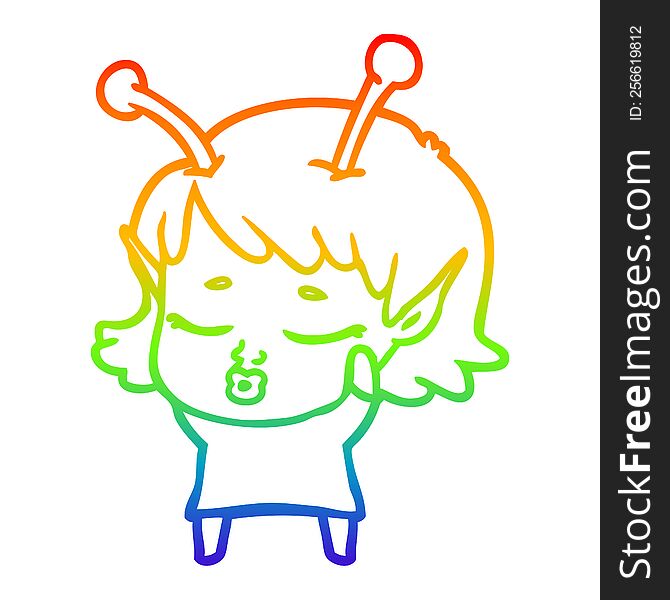 Rainbow Gradient Line Drawing Cute Alien Girl Cartoon